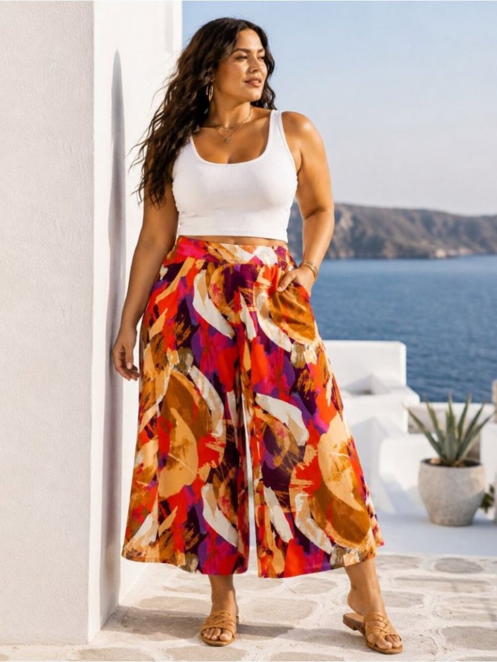 Marallis Wide Leg Pants Abstract Print XXL Boho Palazzo Resort Vacation Summer